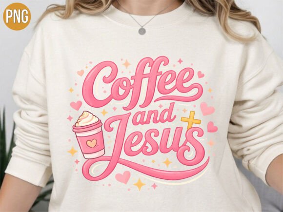 Coffee and Jesus Heart Quote Cross PNG for T-Shirt Designs